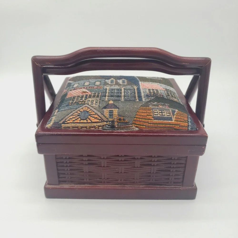 Vintage Wooden Sewing Basket Tapestry Lid Village Scene Jewelry Box Organizer